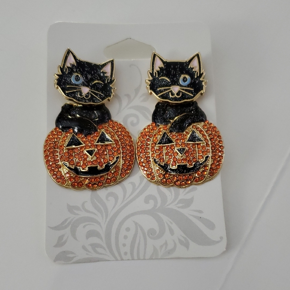 Halloween Jack-o-lantern and black cat earrings